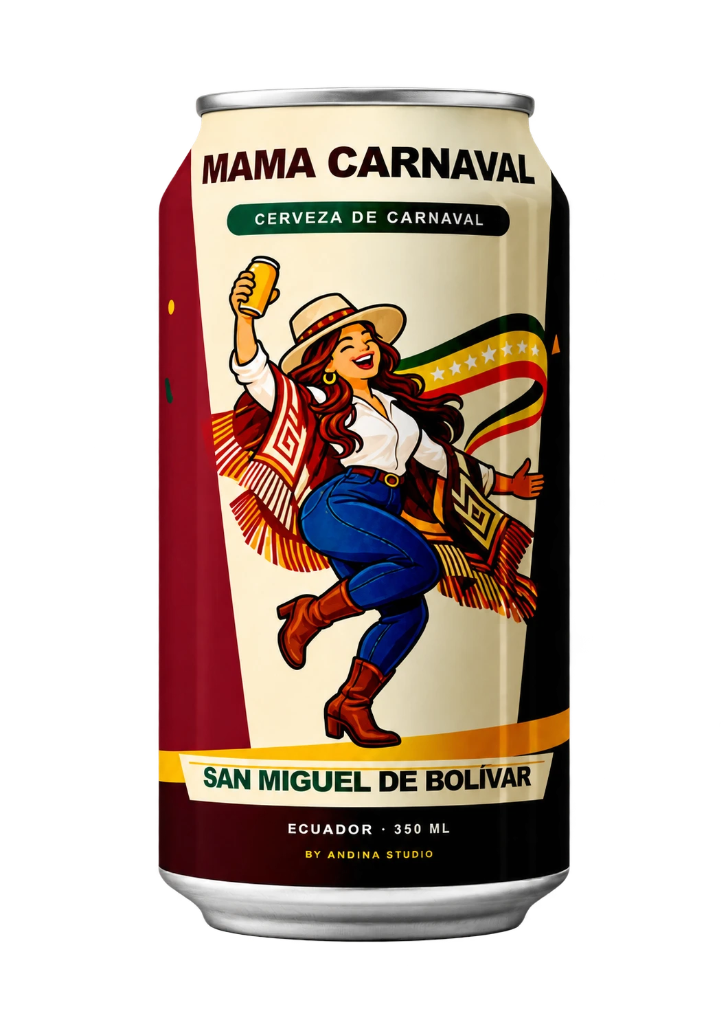 Frente de la lata Mama Carnaval con ilustración editorial